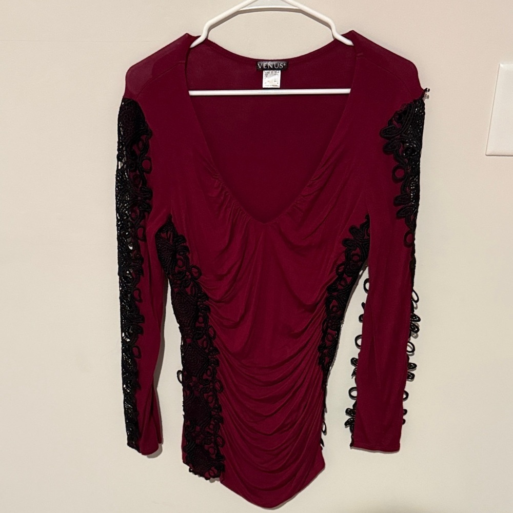 VENUS Women's Deep Red Top with Black Lace Accents
